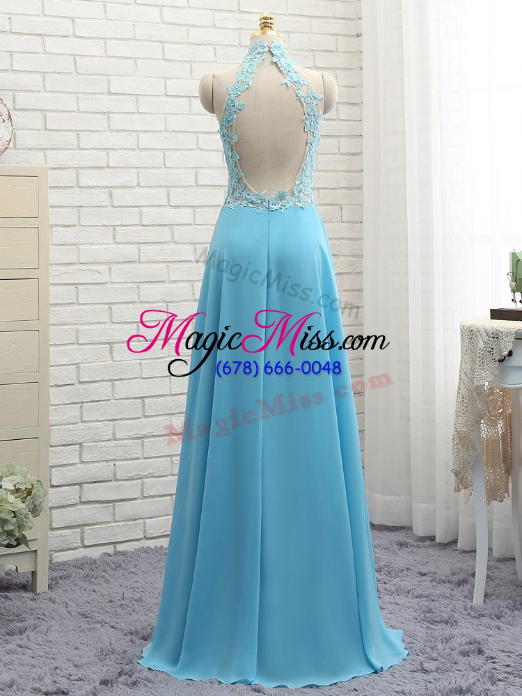 wholesale fashionable appliques prom evening gown baby blue backless sleeveless floor length