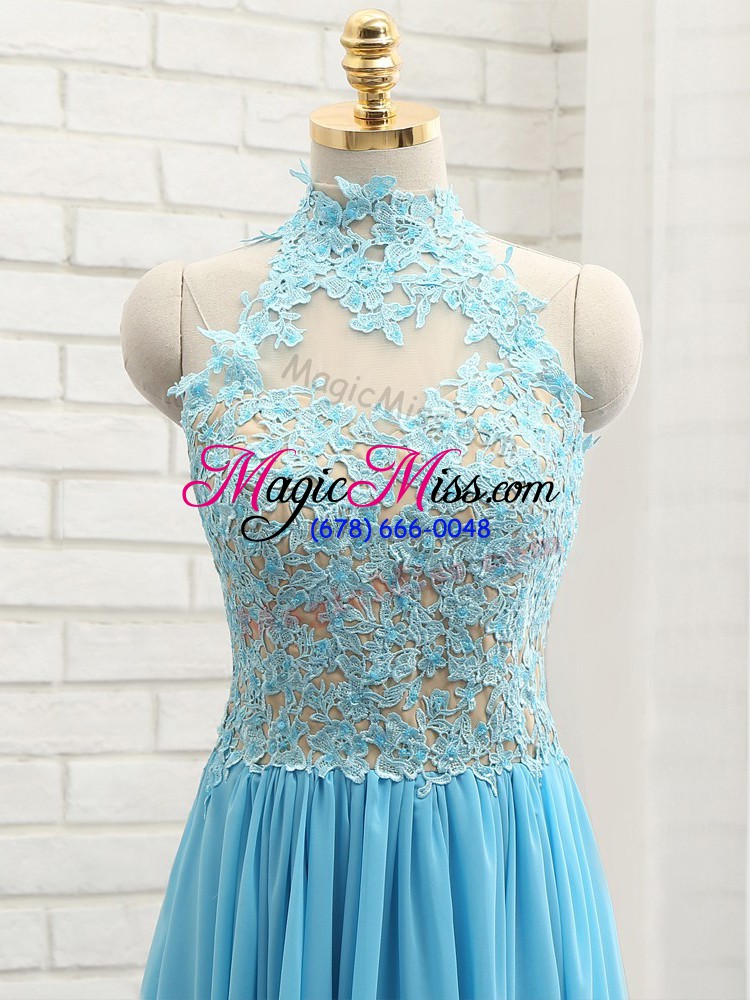 wholesale fashionable appliques prom evening gown baby blue backless sleeveless floor length