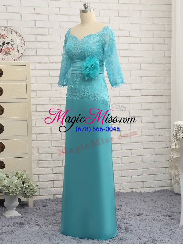 wholesale aqua blue sweetheart zipper lace and appliques and ruching and hand made flower mother of the bride dress long sleeves