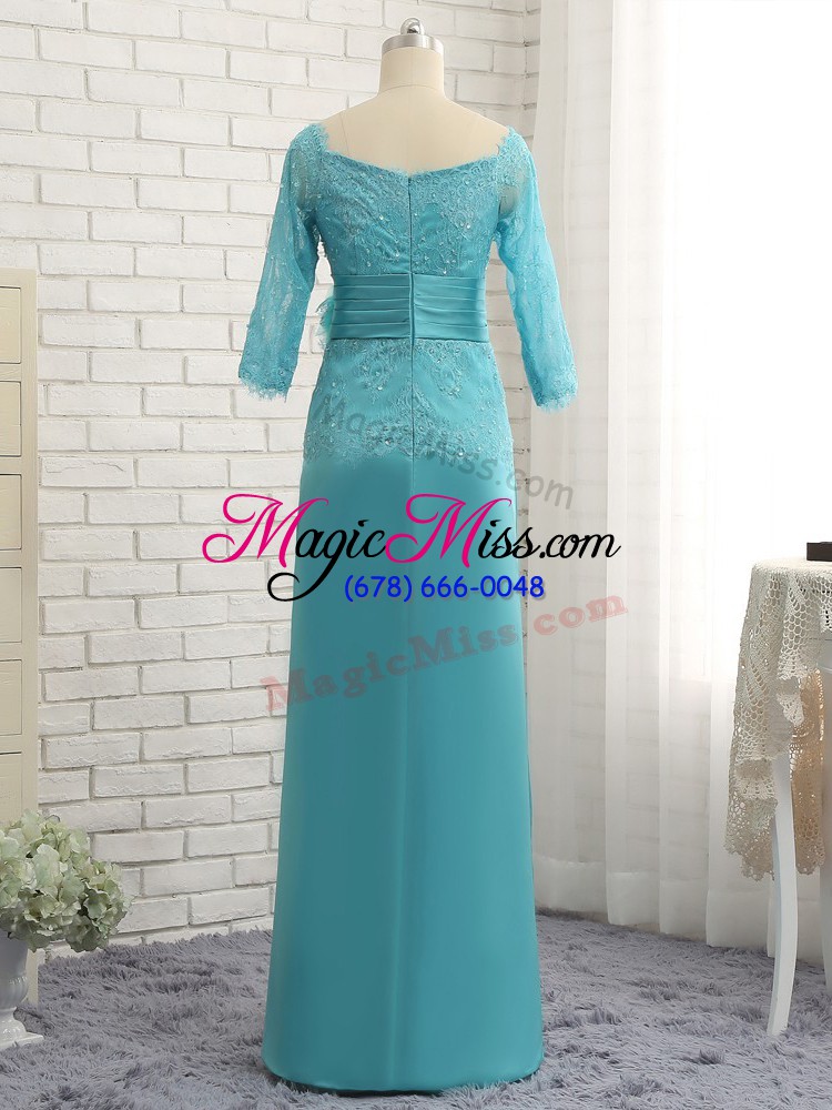 wholesale aqua blue sweetheart zipper lace and appliques and ruching and hand made flower mother of the bride dress long sleeves