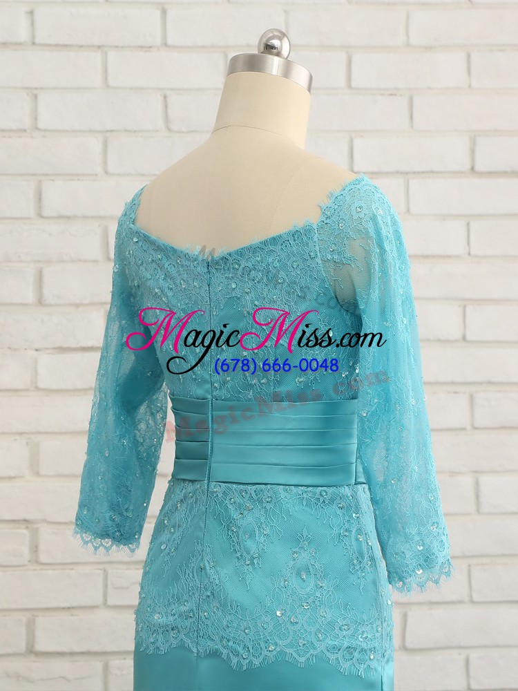 wholesale aqua blue sweetheart zipper lace and appliques and ruching and hand made flower mother of the bride dress long sleeves