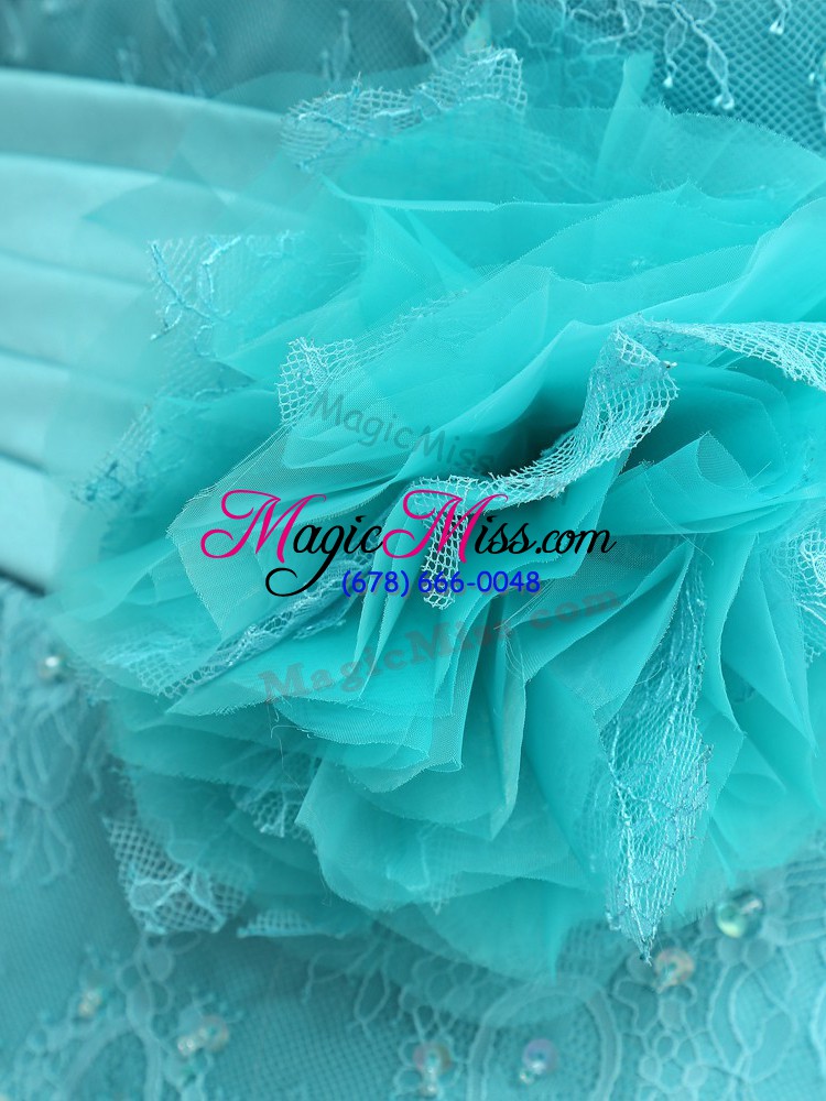 wholesale aqua blue sweetheart zipper lace and appliques and ruching and hand made flower mother of the bride dress long sleeves