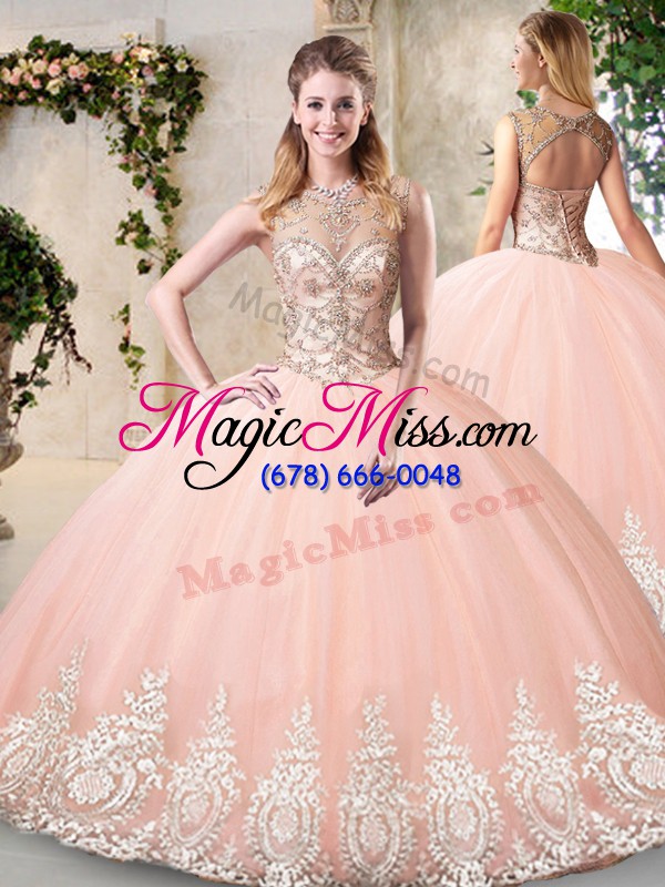 wholesale low price floor length peach quince ball gowns tulle sleeveless beading and lace and appliques