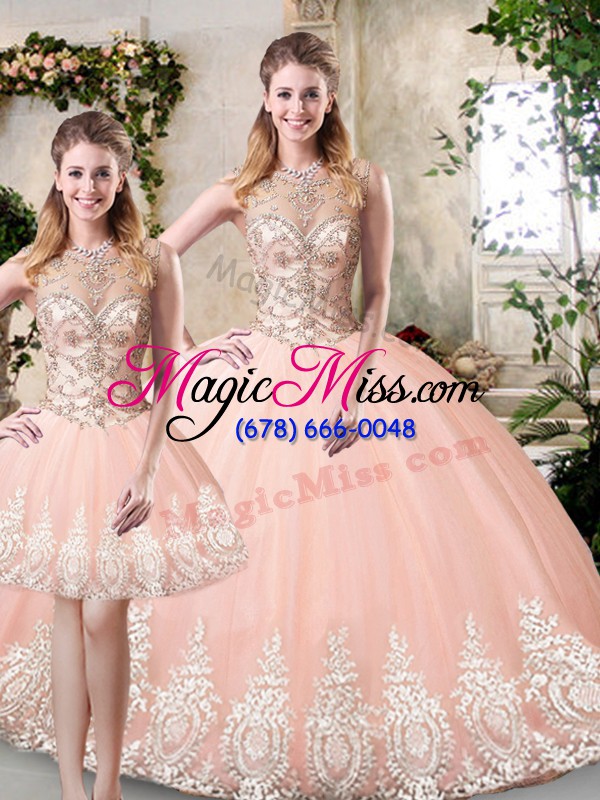 wholesale low price floor length peach quince ball gowns tulle sleeveless beading and lace and appliques