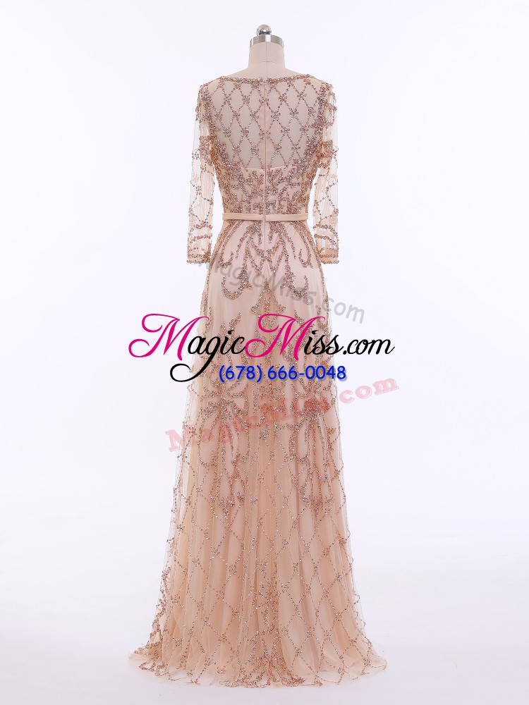 wholesale simple long sleeves beading zipper womens evening dresses with peach