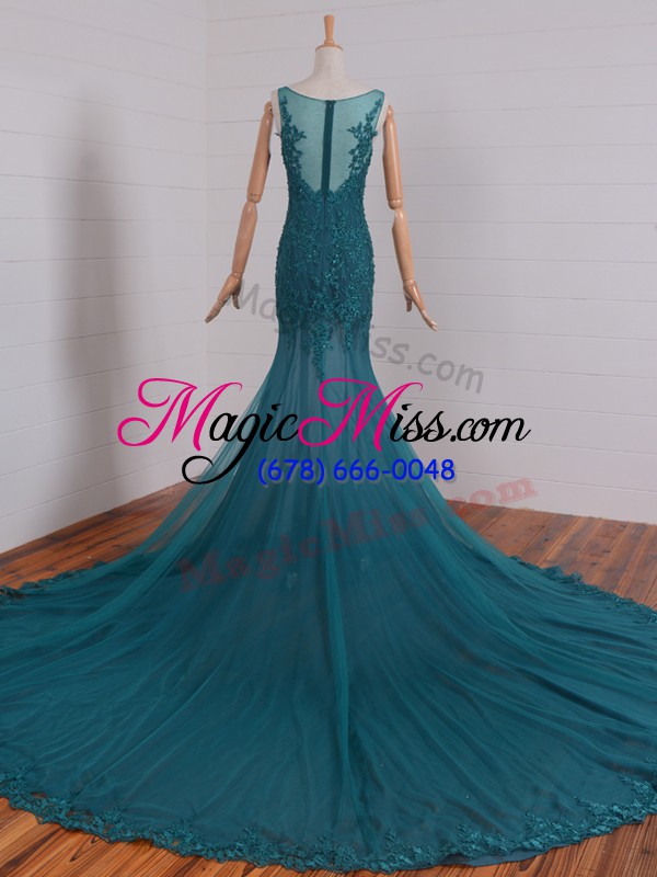 wholesale teal mermaid beading and lace and appliques celebrity dresses zipper tulle sleeveless