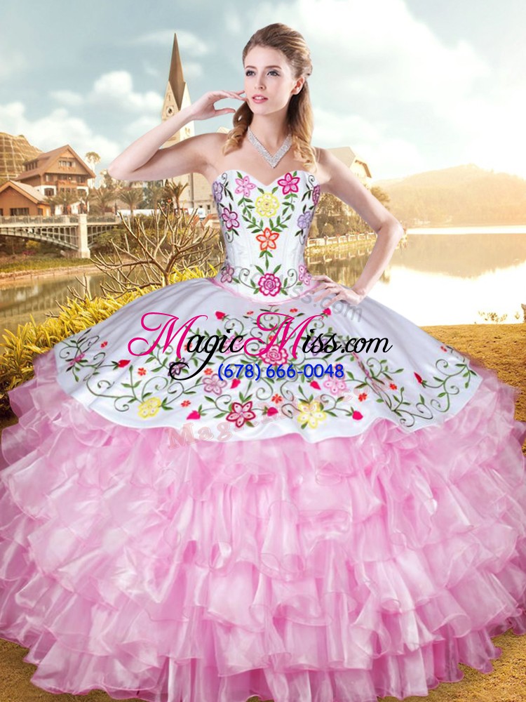 wholesale sweetheart sleeveless quinceanera gown floor length embroidery and ruffled layers rose pink organza and taffeta