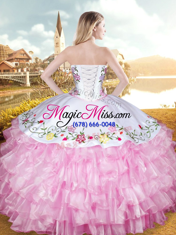 wholesale sweetheart sleeveless quinceanera gown floor length embroidery and ruffled layers rose pink organza and taffeta