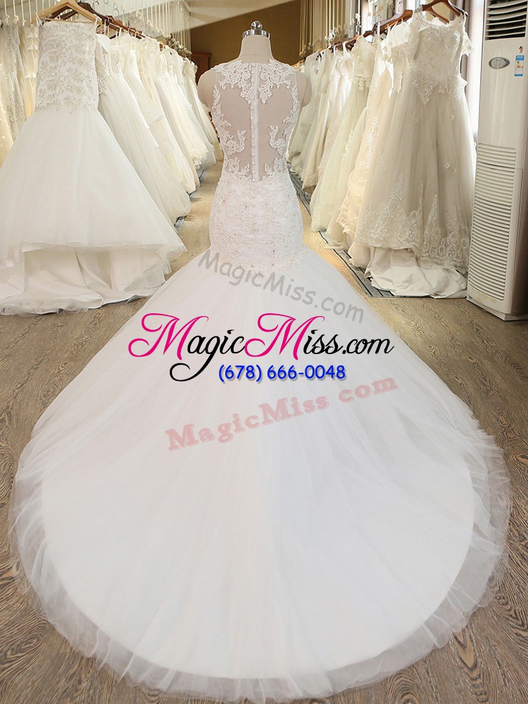 wholesale shining tulle v-neck sleeveless chapel train clasp handle beading and appliques wedding gown in white