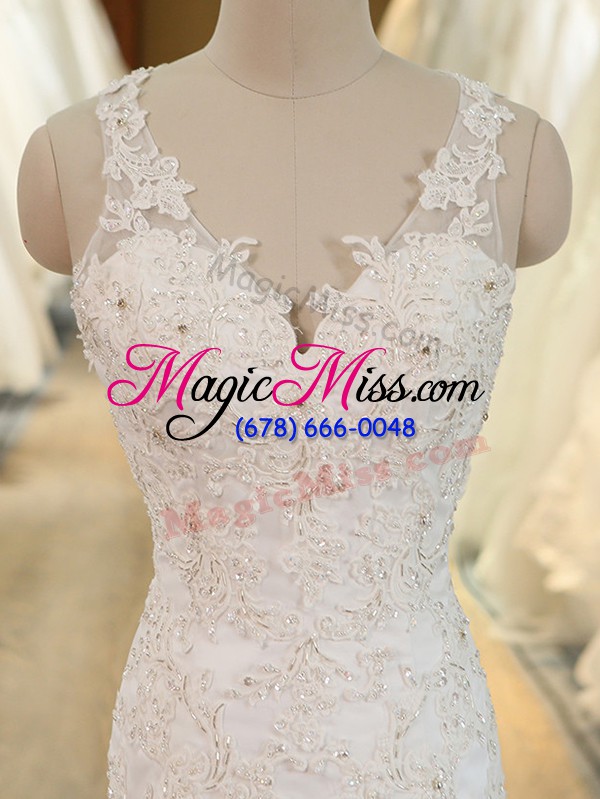 wholesale shining tulle v-neck sleeveless chapel train clasp handle beading and appliques wedding gown in white