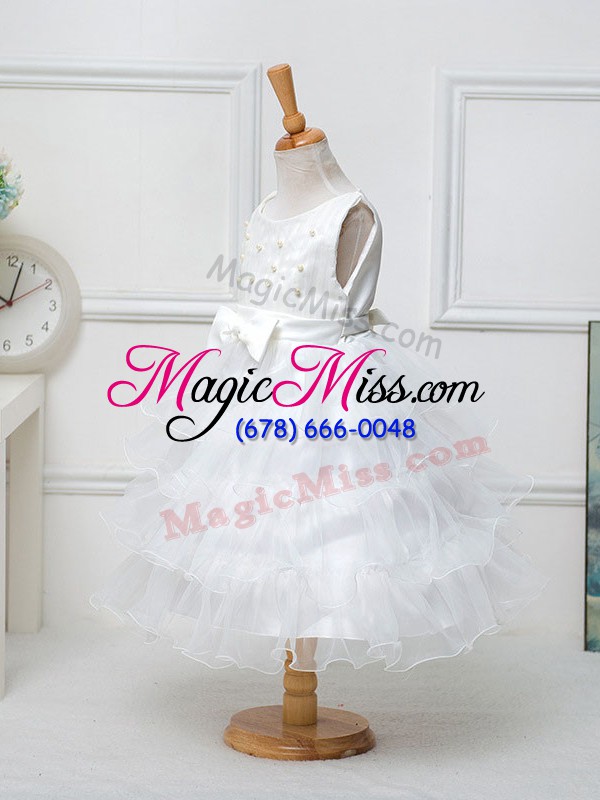 wholesale white scoop neckline ruffled layers and bowknot toddler flower girl dress sleeveless zipper