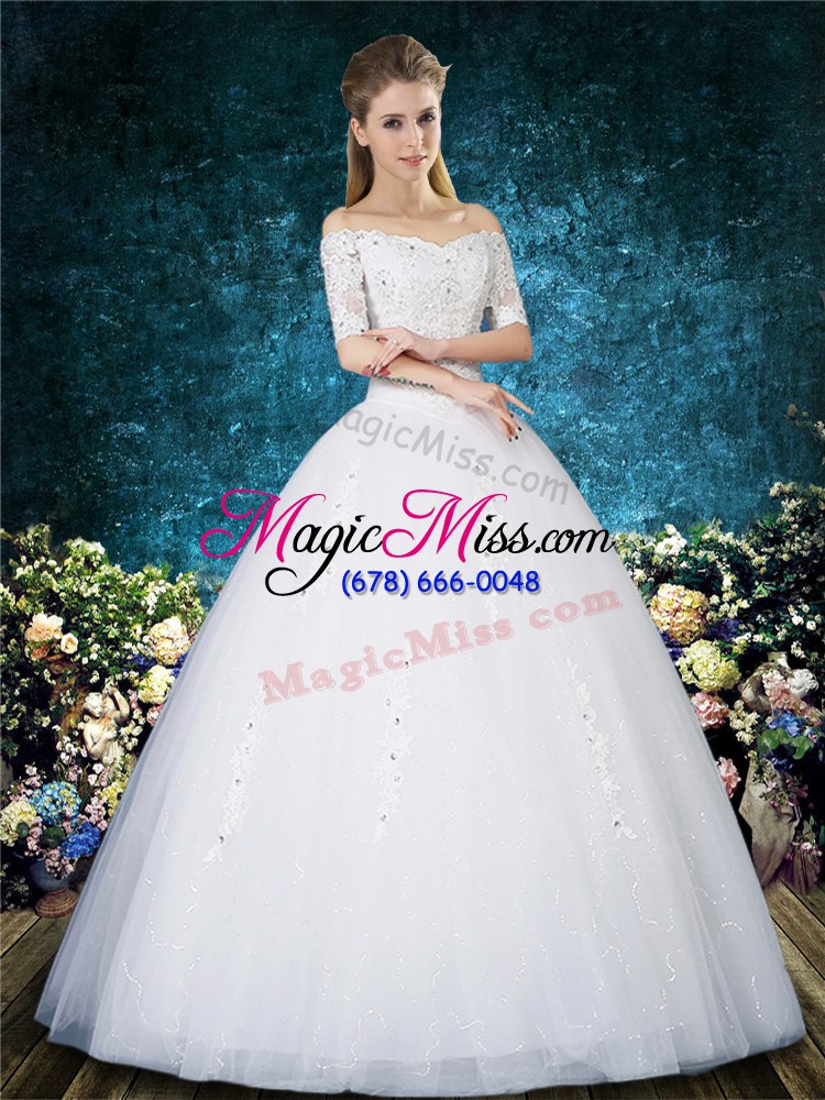 wholesale ideal off the shoulder half sleeves tulle wedding gowns beading and appliques and embroidery lace up