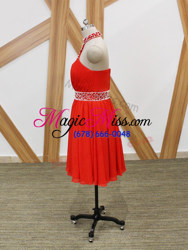 wholesale hot sale coral red empire chiffon halter top sleeveless beading and ruching zipper dress for prom