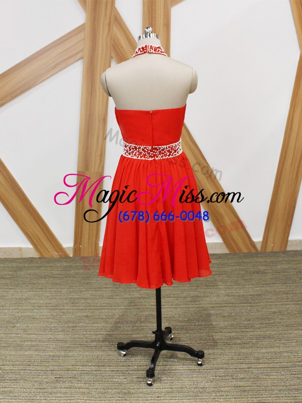 wholesale hot sale coral red empire chiffon halter top sleeveless beading and ruching zipper dress for prom