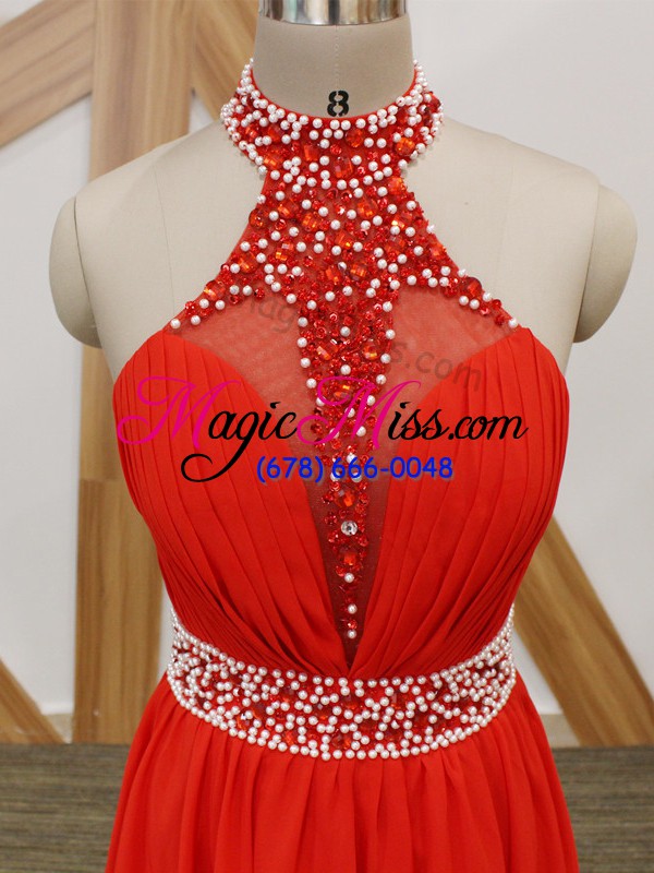 wholesale hot sale coral red empire chiffon halter top sleeveless beading and ruching zipper dress for prom