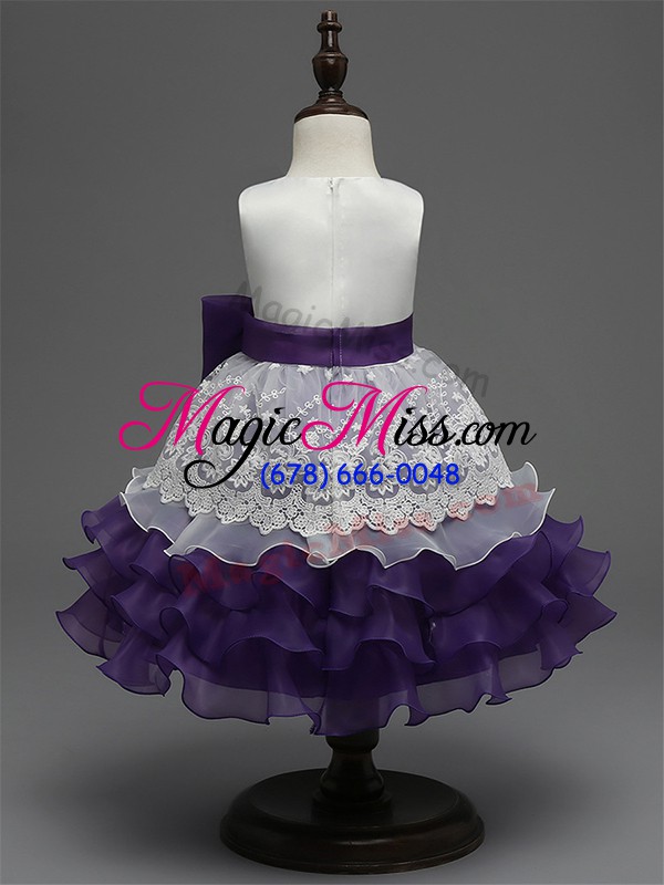 wholesale exquisite organza scoop sleeveless zipper lace and ruffled layers and bowknot flower girl dresses for less in white and purple