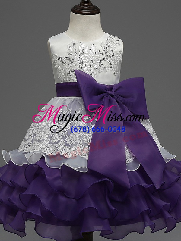 wholesale exquisite organza scoop sleeveless zipper lace and ruffled layers and bowknot flower girl dresses for less in white and purple