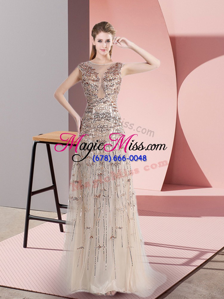 wholesale sleeveless tulle brush train zipper prom party dress in champagne with beading