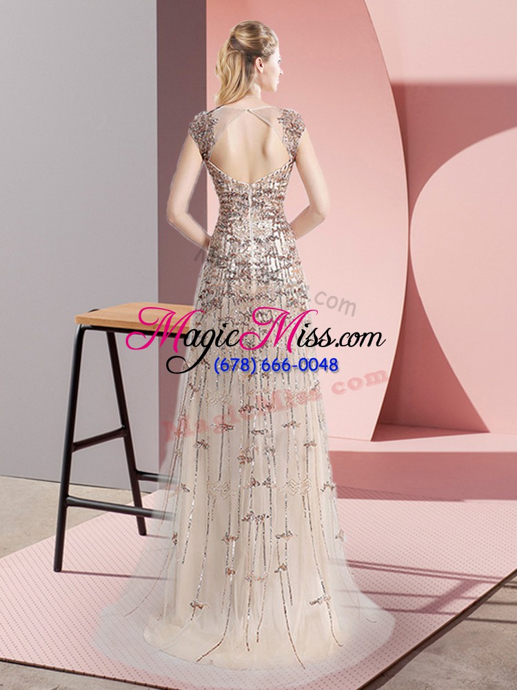 wholesale sleeveless tulle brush train zipper prom party dress in champagne with beading