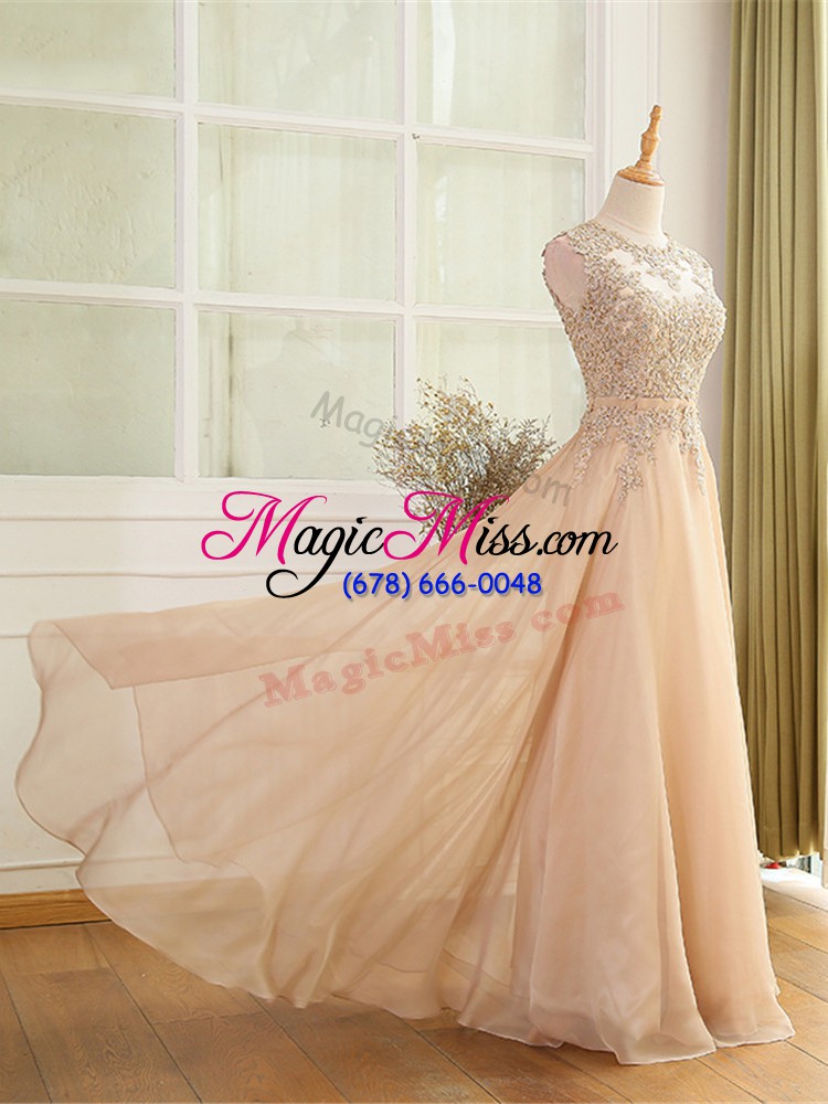 wholesale fashionable champagne chiffon zipper prom dresses sleeveless floor length beading and appliques