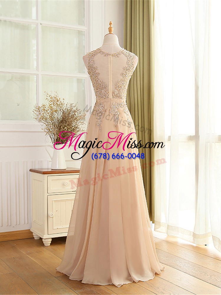 wholesale fashionable champagne chiffon zipper prom dresses sleeveless floor length beading and appliques