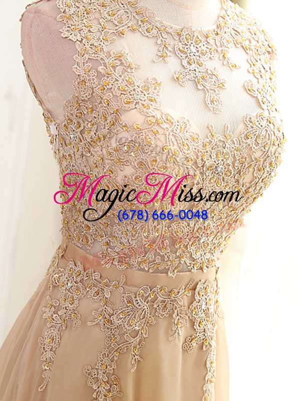 wholesale fashionable champagne chiffon zipper prom dresses sleeveless floor length beading and appliques