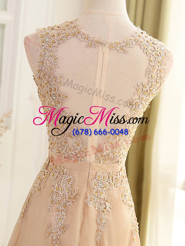 wholesale fashionable champagne chiffon zipper prom dresses sleeveless floor length beading and appliques