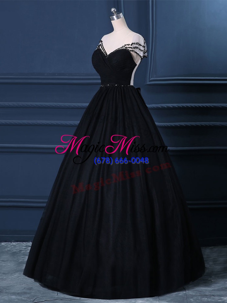 wholesale fantastic floor length black going out dresses tulle short sleeves beading