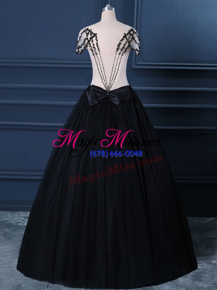 wholesale fantastic floor length black going out dresses tulle short sleeves beading