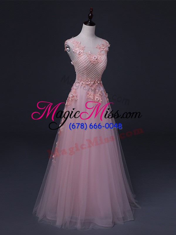 wholesale tulle straps sleeveless lace up appliques prom dresses in baby pink