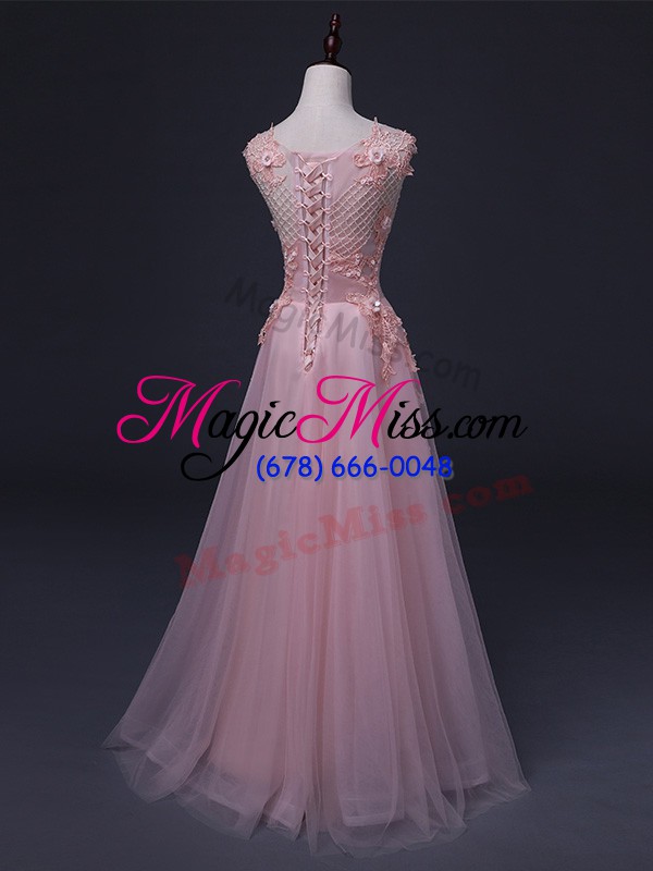 wholesale tulle straps sleeveless lace up appliques prom dresses in baby pink