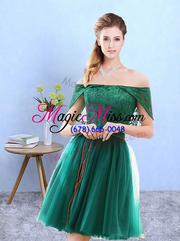 wholesale olive green tulle lace up bridesmaid gown cap sleeves knee length lace