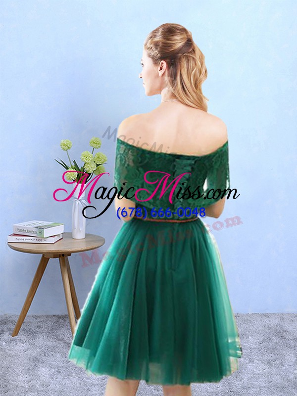 wholesale olive green tulle lace up bridesmaid gown cap sleeves knee length lace