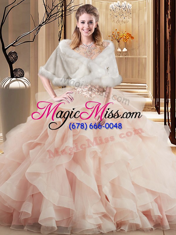 wholesale scoop sleeveless tulle quinceanera dress beading and ruffles brush train lace up