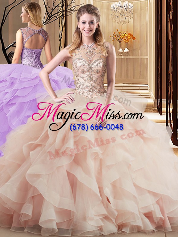 wholesale scoop sleeveless tulle quinceanera dress beading and ruffles brush train lace up