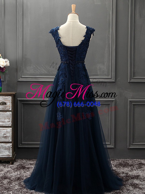 wholesale excellent scoop sleeveless mother of the bride dress mini length beading and lace and appliques navy blue tulle