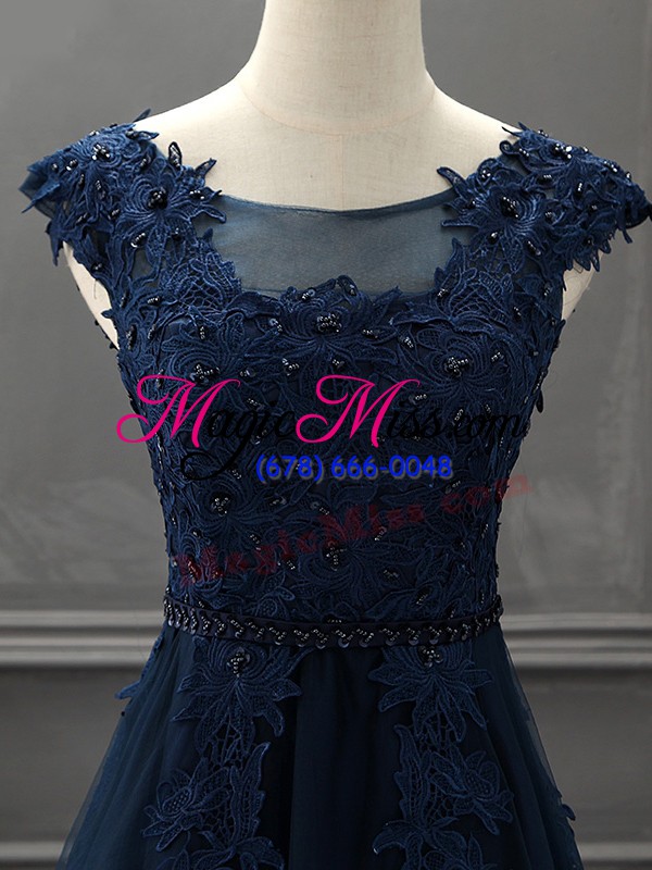 wholesale excellent scoop sleeveless mother of the bride dress mini length beading and lace and appliques navy blue tulle