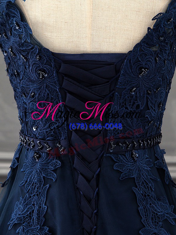 wholesale excellent scoop sleeveless mother of the bride dress mini length beading and lace and appliques navy blue tulle