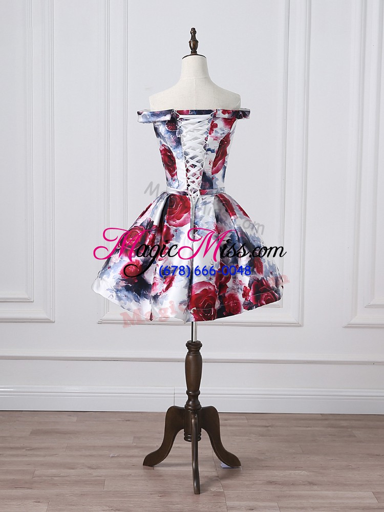 wholesale simple multi-color a-line belt homecoming dress lace up printed sleeveless mini length