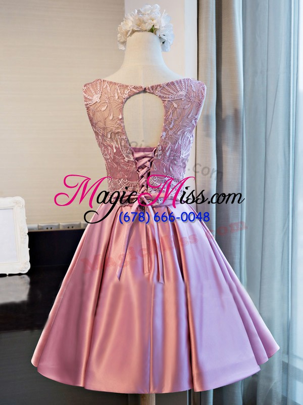 wholesale shining lilac lace up scoop lace and appliques and belt prom party dress satin sleeveless