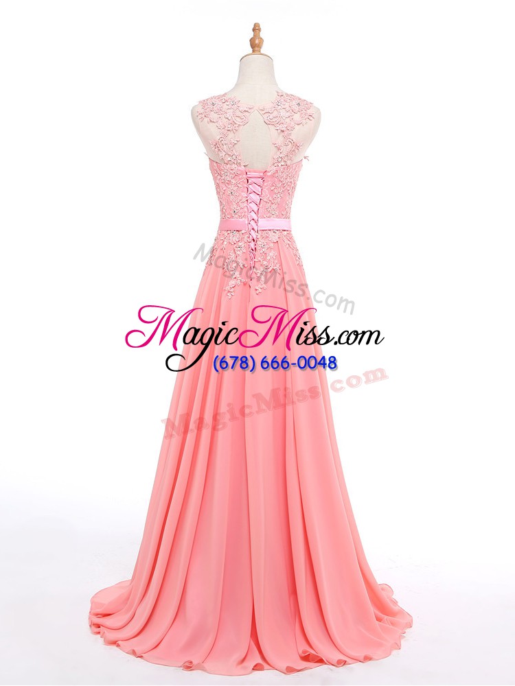 wholesale extravagant watermelon red formal dresses chiffon brush train sleeveless beading and lace