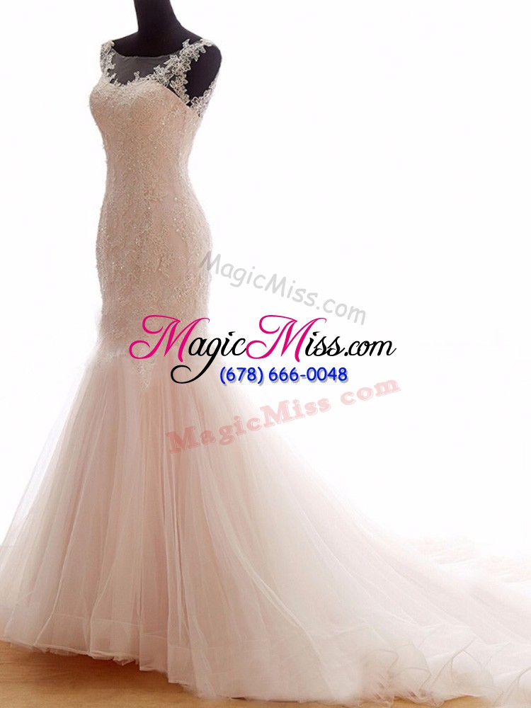 wholesale mermaid sleeveless pink wedding gown brush train lace up