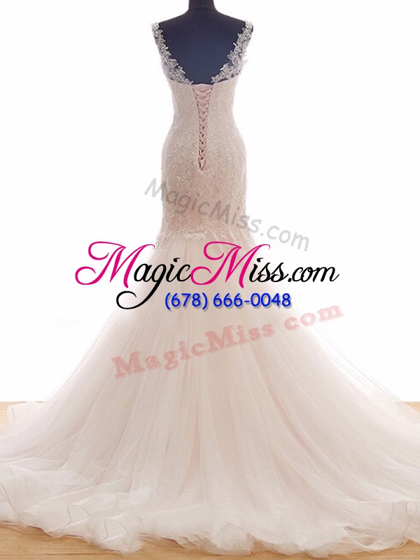 wholesale mermaid sleeveless pink wedding gown brush train lace up