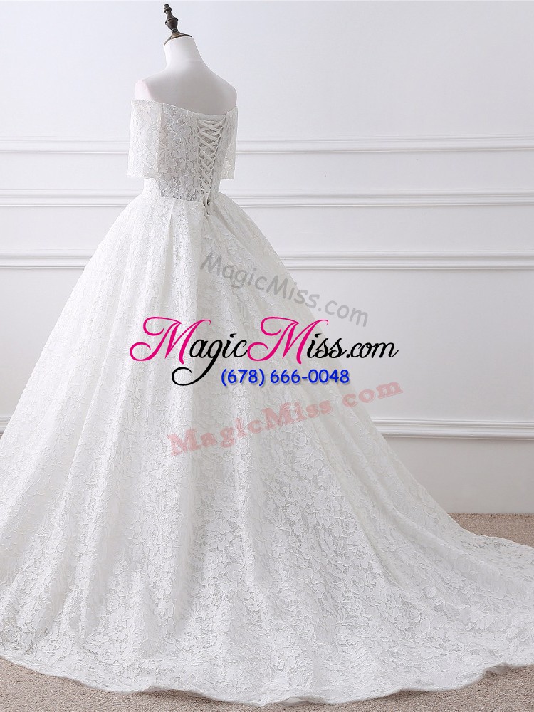 wholesale trendy white wedding dress beach and wedding party with lace and appliques off the shoulder half sleeves brush train lace up