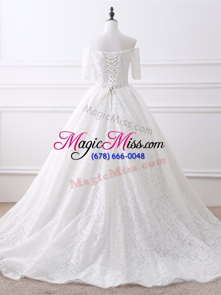 wholesale trendy white wedding dress beach and wedding party with lace and appliques off the shoulder half sleeves brush train lace up