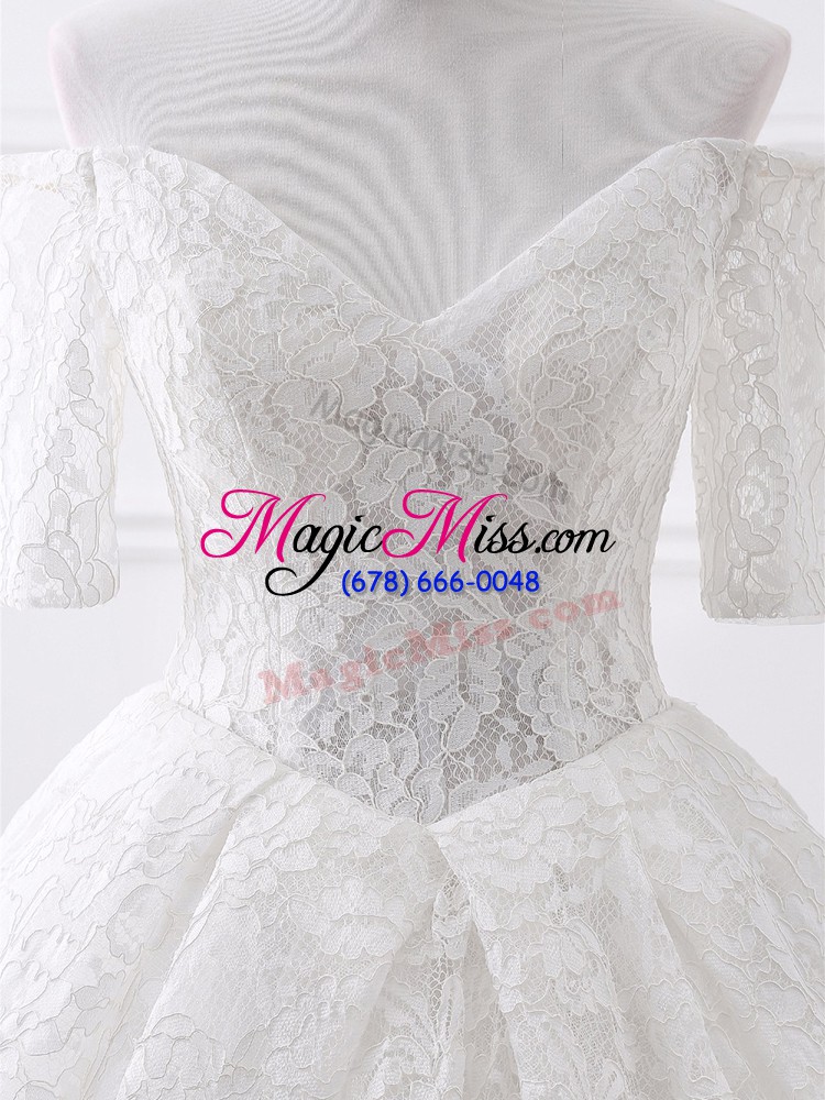 wholesale trendy white wedding dress beach and wedding party with lace and appliques off the shoulder half sleeves brush train lace up