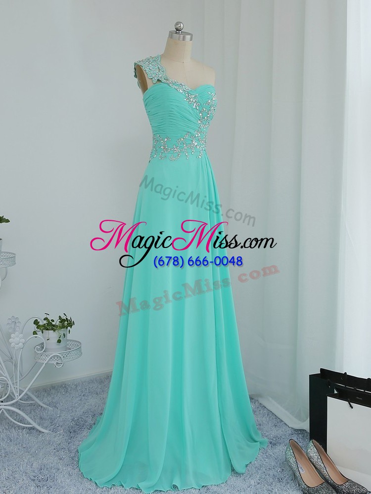 wholesale fabulous one shoulder sleeveless prom gown floor length beading and appliques turquoise chiffon