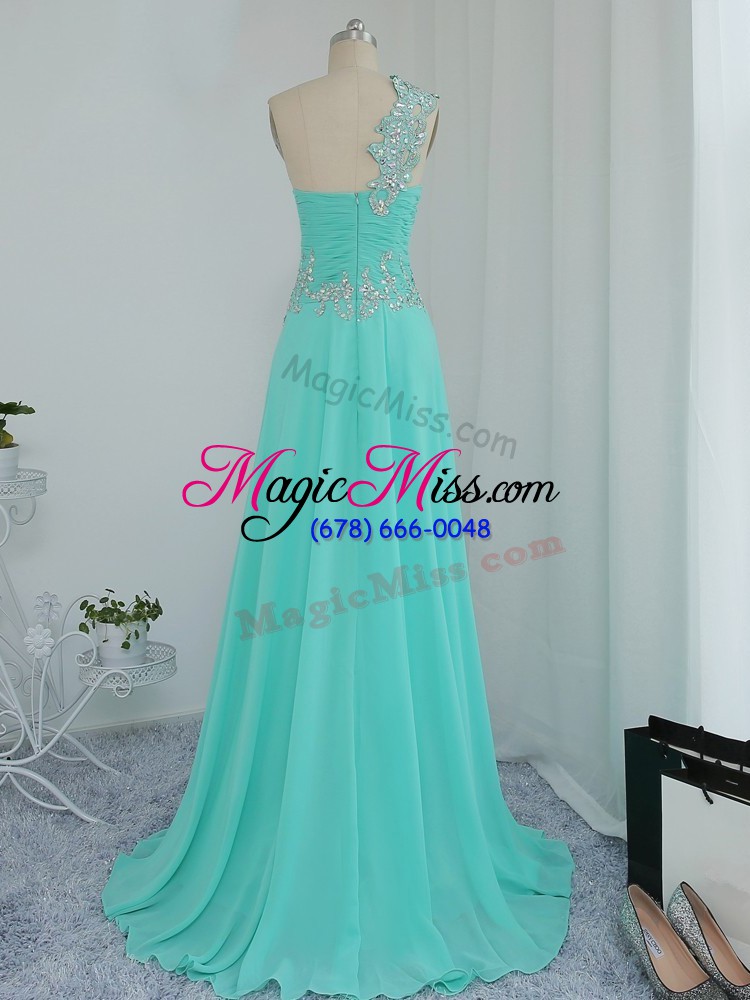 wholesale fabulous one shoulder sleeveless prom gown floor length beading and appliques turquoise chiffon