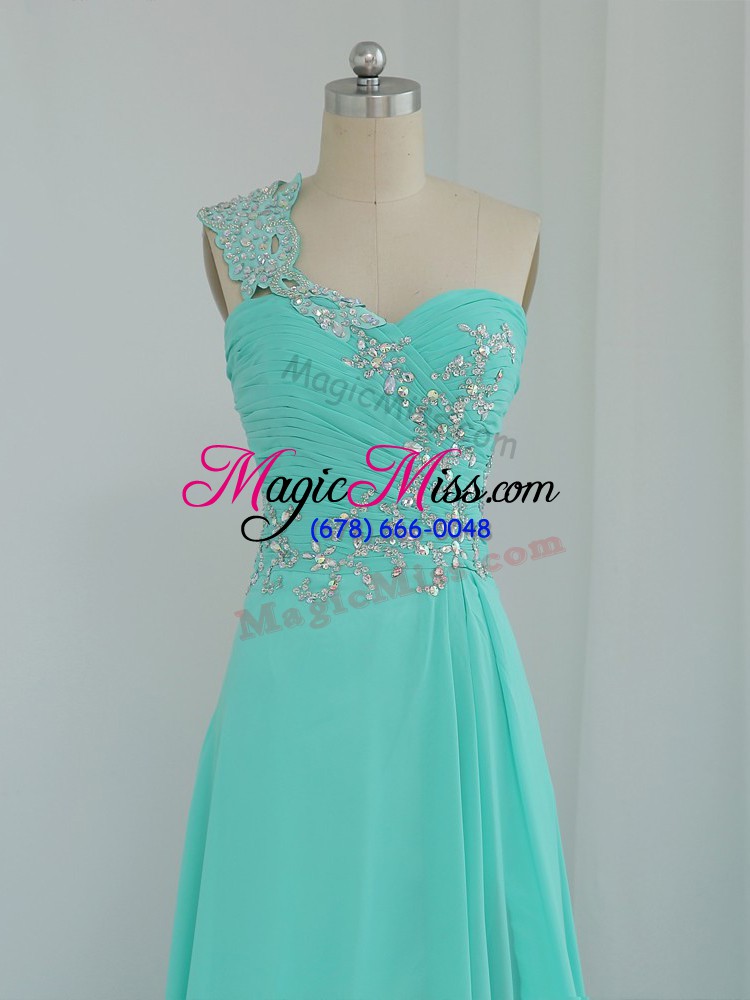 wholesale fabulous one shoulder sleeveless prom gown floor length beading and appliques turquoise chiffon