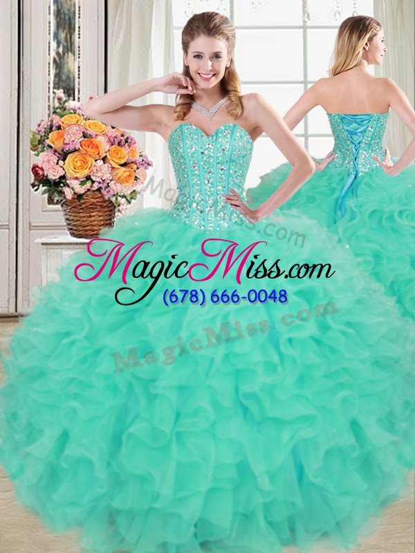 wholesale three pieces sleeveless turquoise quinceanera dresses brush train lace up